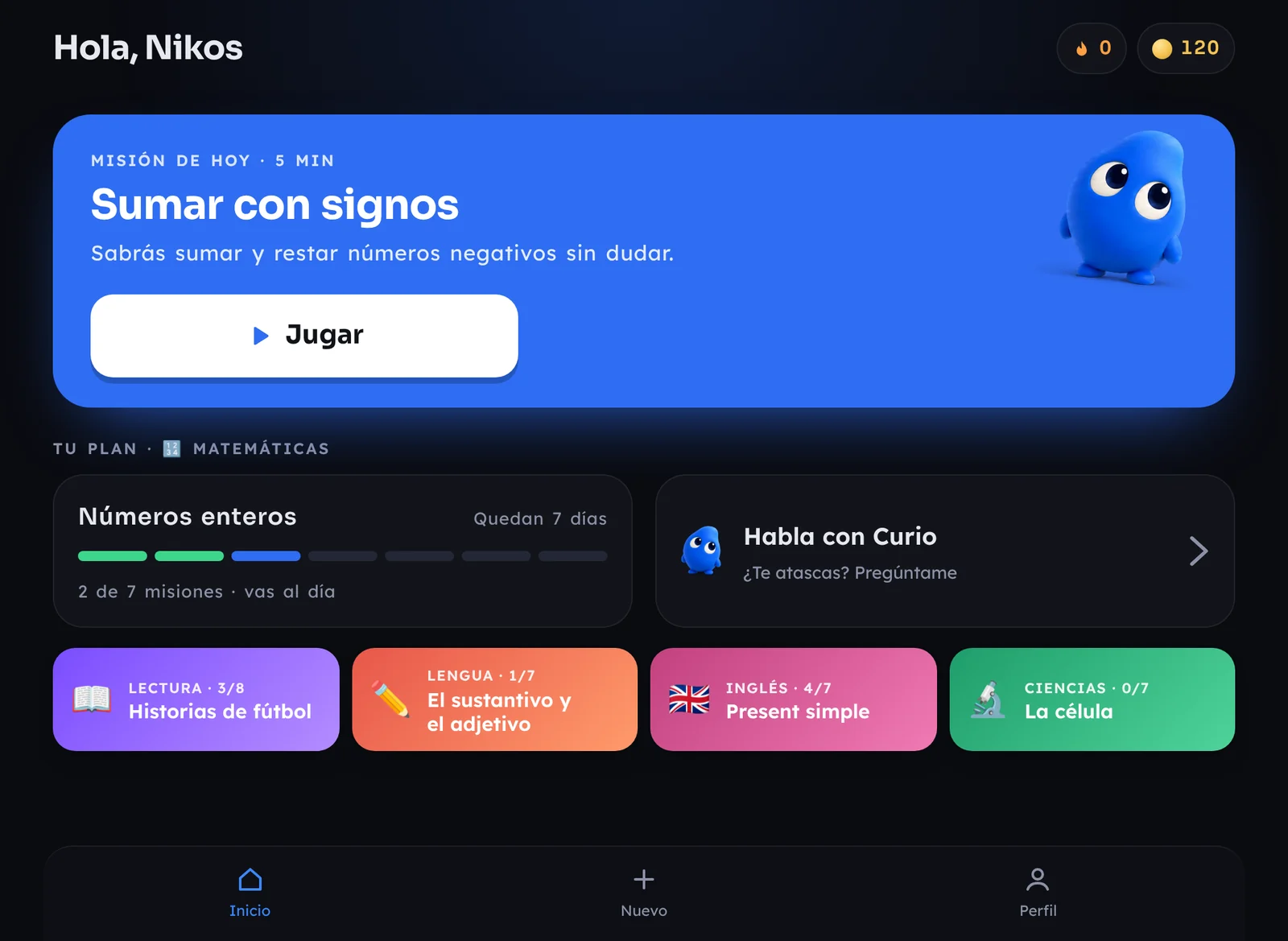Pantalla de inicio de Curio con la misión de hoy y el plan de matemáticas